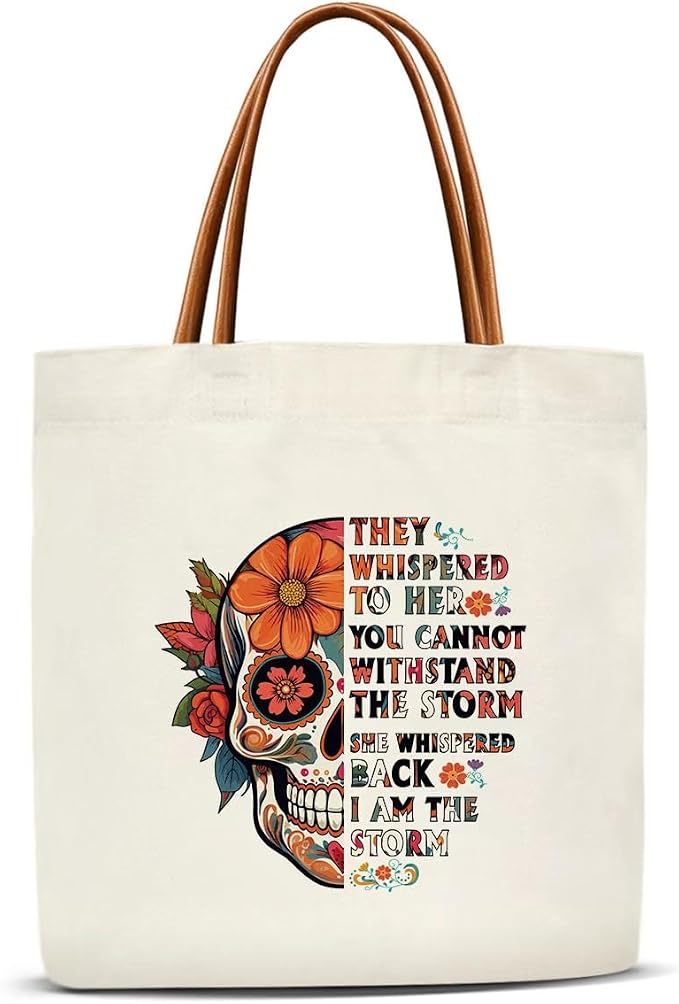 Mexican Sugar Skull Canvas Tote Bag for Women, Dia De Los Muertos Aesthetics Tote Bag, I Am The Storm, Sugar Skull Gifts for Women Reusable Inspirational Gifts Beach Bags -01 - sugar skull handbags for sale