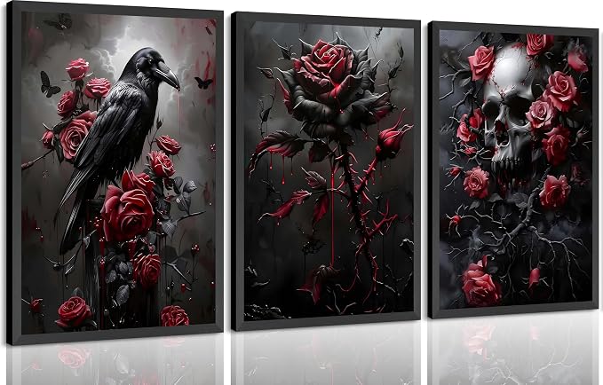 3Pcs Gothic Poster Wall Art Dark Academia Halloween Vintage Painting Picture Wall Decor Horror Atmosphere Black Red Rose Flower Crow Skull Canvas Print Artwork for Living Room Bathroom Home Decoration - skull wall art