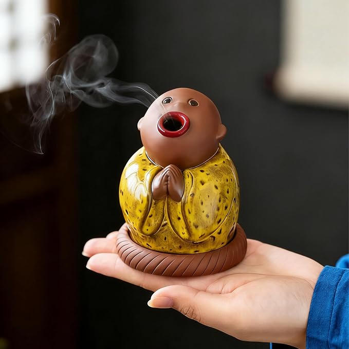 Ceramic Buddha Incense Cone Holder, Monk Burner for Unique Zen Home Decor - skull incense burner