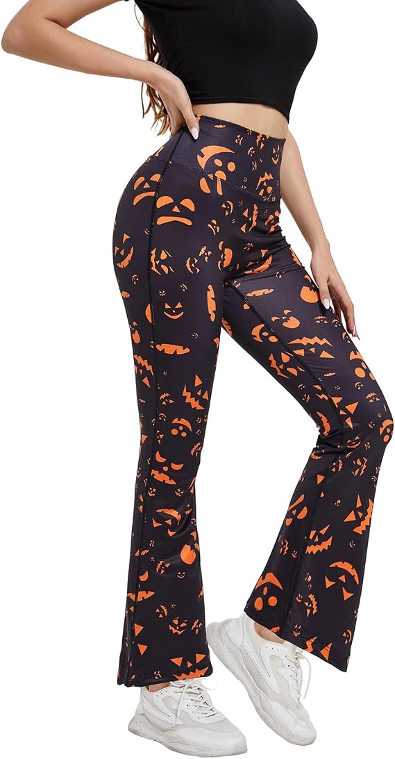 Women's Halloween High Waist Leggings with Bat Pattern, Flared Yoga Pants Horizontal Stripes Tight - skull leggings