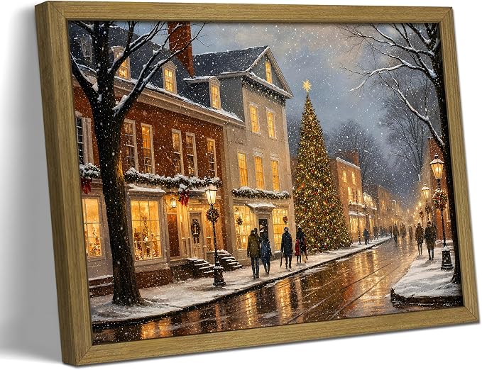 Vintage Christmas Wall Art 12x16 Inch, Wood Framed Winter Snow Street Canvas Print Picture, Rustic Holiday Christmas tree Wall Decor Oil Painting for Living Room Bedroom Kitchen - skull wall art