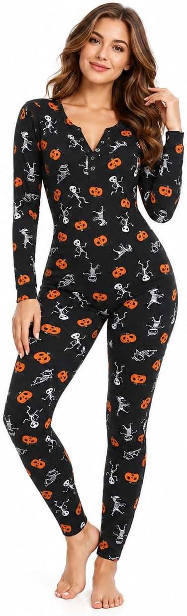 Halloween Pajamas Women Skeleton Pumpkin Graphic Onesie Sexy Long Sleeve Jumpsuit Ghost Mummy Sleepwear Loungewear - skull pajamas
