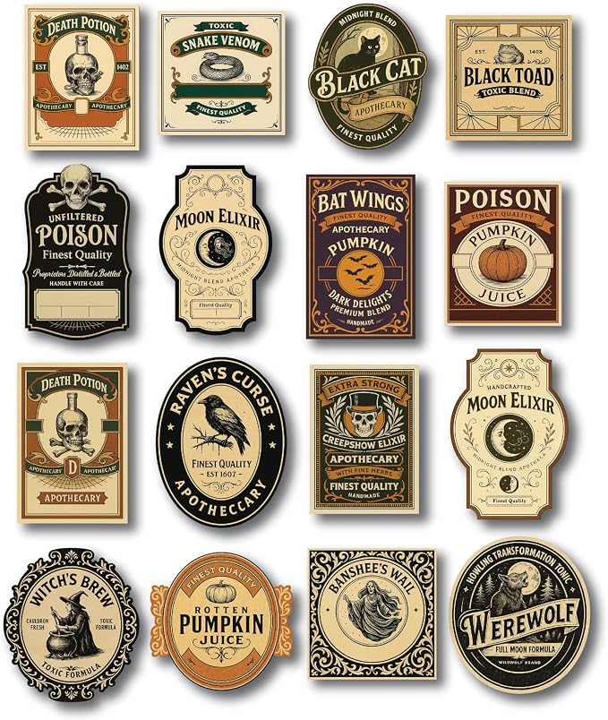 16pcs Halloween Potion Label Stickers – Vintage Apothecary Bottle Labels for DIY Halloween Crafts, Jars, Party Decorations, Witch Theme Décor, Scrapbooking - skull sticker