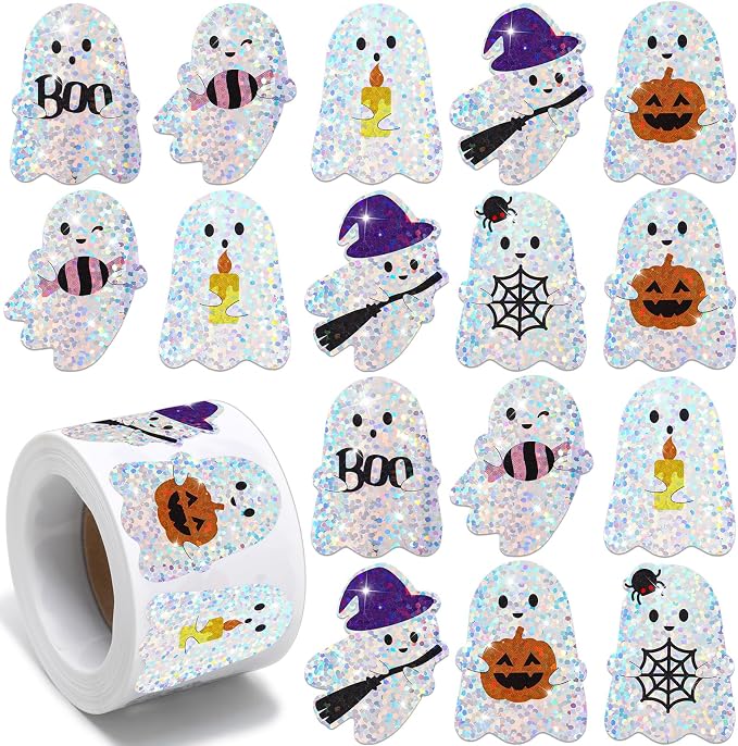 Feifeiya 500 Pcs Halloween Ghost Boo Stickers Roll Laser Holographic Decals - skull sticker