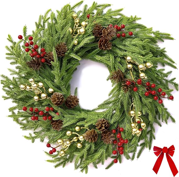 26" Norfolk Pine Wreath, Large Greenery Wreath for Front Door, Green Year Round Real Touch Artificial Greenery Wreath for Wall Porch Rustic Farmhouse Home Decor, with Lights, Red Bow, FF10 - skull wreath