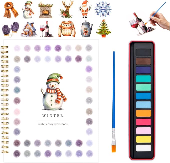 Christmas Watercolor Workbook for Adults, Beginner Friendly Watercolor Painting Kit Winter Water Coloring Book, Nature-Themed Practice Art Gift Water Color Paint Book with Palette and Brush - skull painting