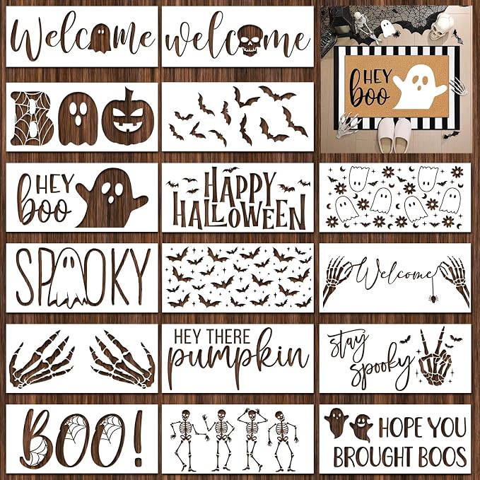 16 Pcs Halloween Boo Door Mat Stencils for Painting and Crafts - skull door mat