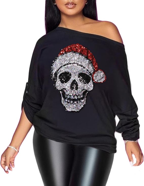 PESION Womens Off The Shoulder Tops Sexy Shiny Metallic Shirts Long Sleeves Fashion Graphic T-Shirts Blouses - skeleton