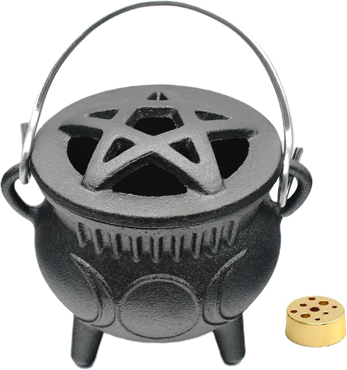 Cast Iron Cauldron with Lid & Handle, Small Triple Moon Cast Iron Cauldron Pot, Incense Burner Witchcraft Ideal for Cooking, Smudging, Ritual Purpose, Sage, Halloween Decoration - skull incense burner