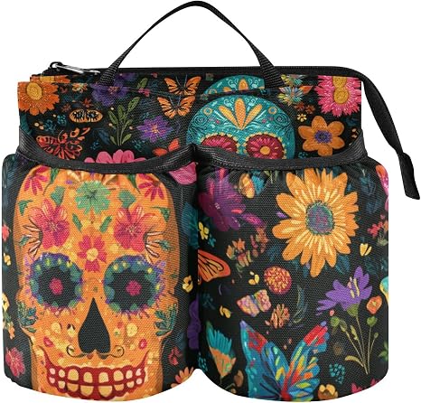 Mexican Folk Art Skulls and Flowers Luggage Cup Holder Travel Portable Free Hand Drink Carrier Suitcase Drinks Beverage Holder Carry-On Bottle Mug Holder Organizer Bag Travelers Accessories - skull suitcase