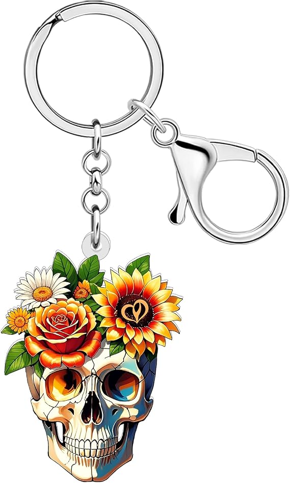 Acrylic Floral Skull Keychain,Aesthetic Day of the Dead Accessories Halloween Gifts for Women Girls Bag Purse Charms - sugar skull handbags for sale