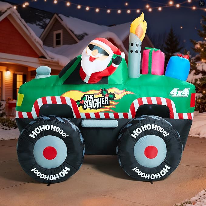 7 FT Long Santa in Monster Truck Christmas Inflatables Outdoor Decorations, Christmas Blow Up Santa Claus Yard Decorations for Garden Lawn Xmas Decor - skull inflatable