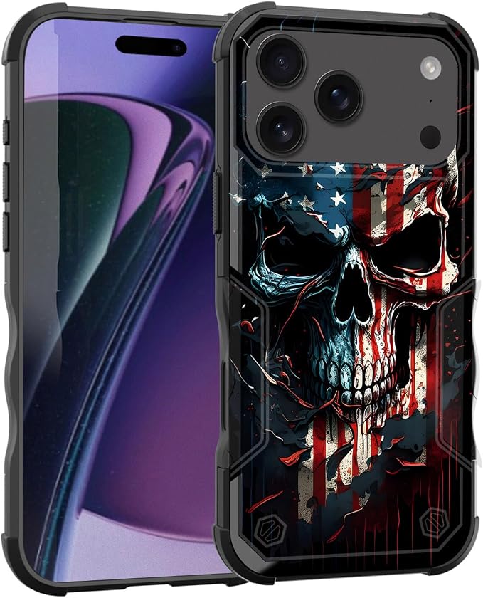 for iPhone 17 Pro Max Case,[Dual Layer][10 FT Military Grade Drop Protection] Heavy Duty Shockproof Case for iPhone 17 Pro Max 6.9" 2025,Skull American Flag - Skull phone case