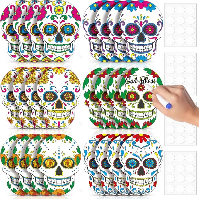 TaoBary 24 Pcs 7.09'' Day of The Dead Sugar Skull Cutouts 6 Floral Patterns - sugar skull ornament