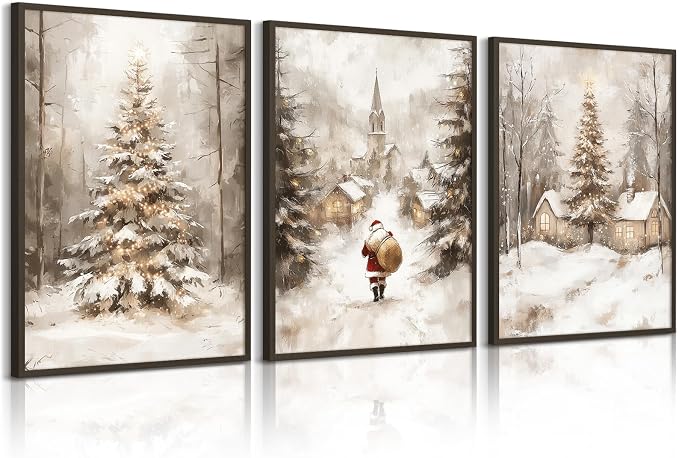 Christmas Wall Art Decor Winter Santa Pictures Vintage Christmas Canvas Poster Snowy Pine Trees Wall Art Xmas Forest Prints Santa Claus Painting Artwork for Bedroom Living Room 12x16x3 Inch Unframed - skull painting