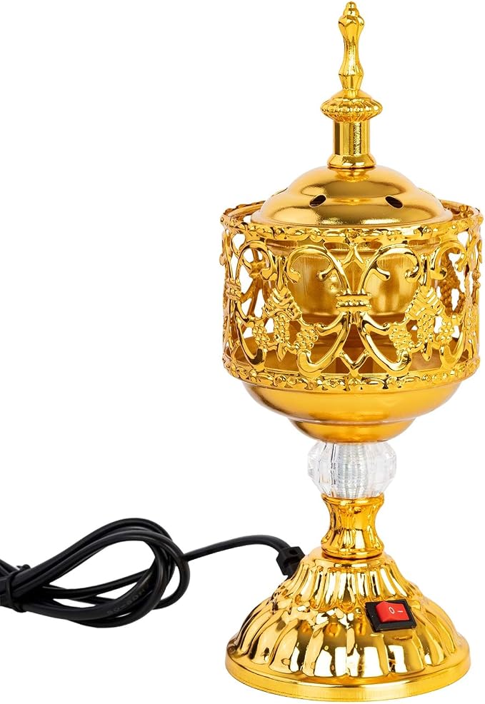 Golden Electric Incense Burner, Arabian Style Electric Incense Holder with US Plug, Middle Eastern Tabletop Decorative Censer for Yoga Spa Home Office Christian Church Decor - skull incense burner