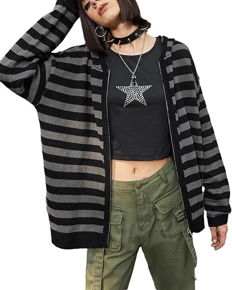 PDLCVD Women Striped Cradigan Sweater Goth Grunge Zip Up Long Sleeve Loose Fitted Chunky Knit Hoodies Outfits - skull jacket