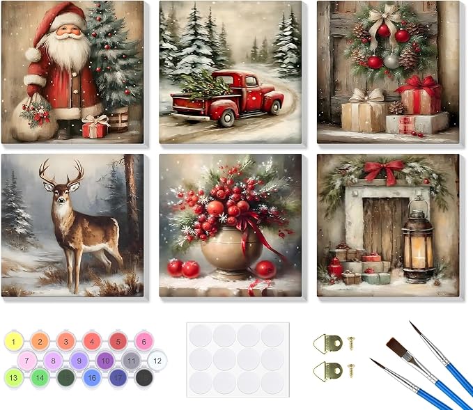 Bowetile 6 Pack Framed Paint by Numbers Christmas for Adults Beginners, Adults' Paint-by-Number Santa Claus Kits on Canvas, Acrylic Number Painting Crafts Kits Christmas Gifts for Home Decor, 8x8in - skull painting