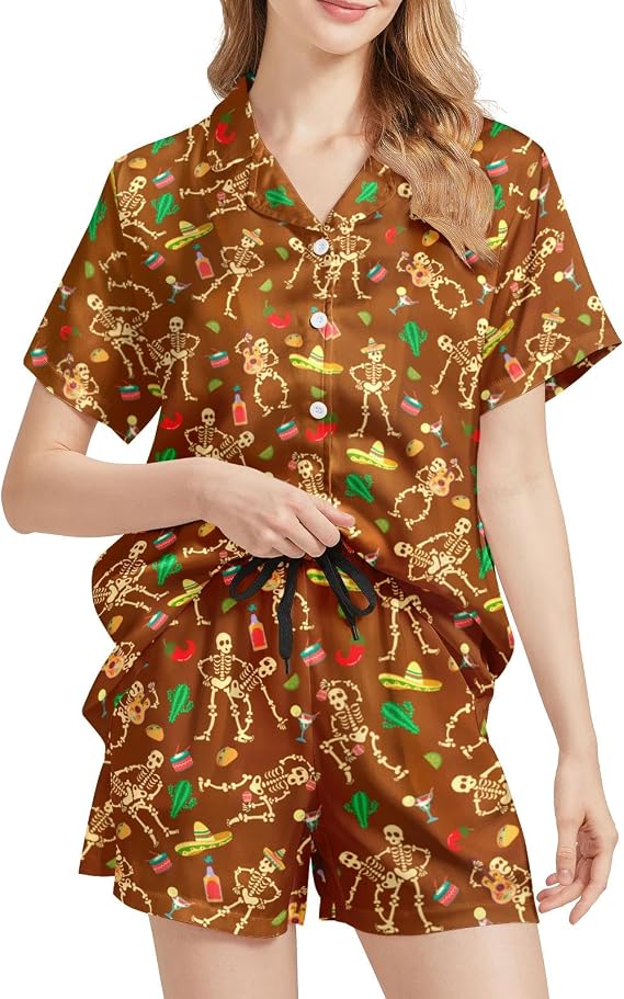 Funny Pajamas for Women Set Print Satin Loungewear Pjs Short Sleeve Button Down Top and Shorts Sets Sleepwear XS-3XL - skull pajamas