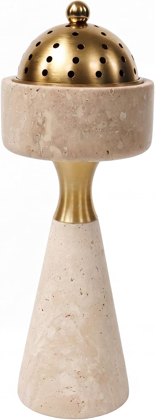 Natural Travertine Incense Burner, 11" Brass Incense Holder, - skull incense burner