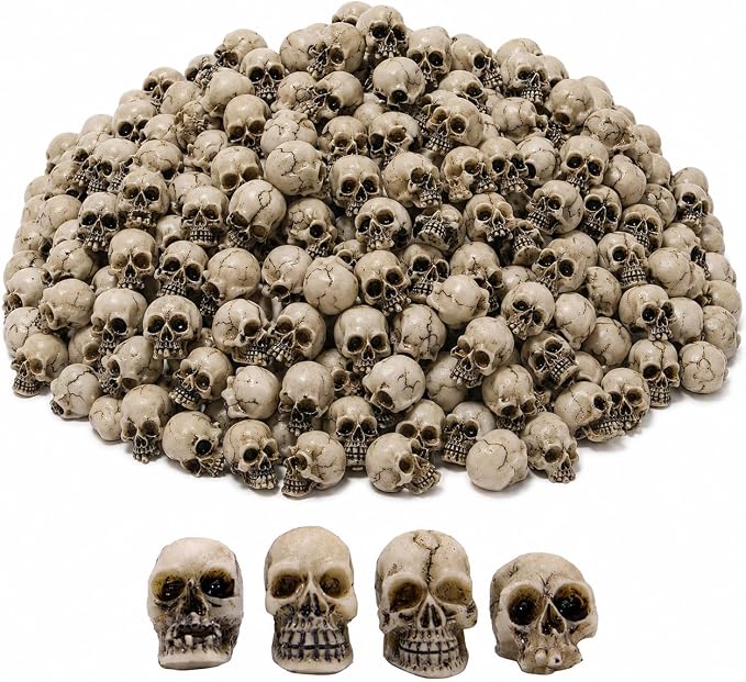 100pcs Mini Skulls Figurine Resin Skeleton Head Miniatures for Halloween Decor,Dollhouse Accessories,DIY Crafts,Vase Filler Trick Toy Table Decor Party Favors Bag - skull figurine