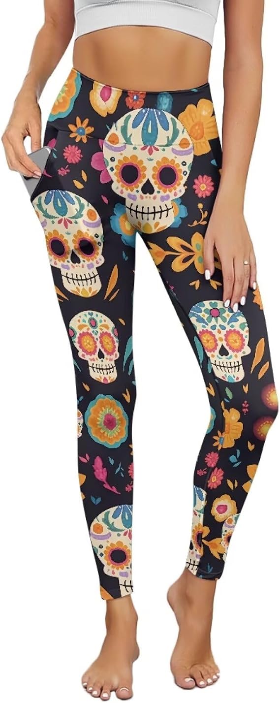 Polka Dot Women Yoga Pants, Peacock Feathers High Waist Tights, Green Leopard Tummy Control Yoga Pant with Pocket - skull leggings