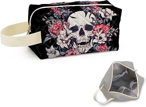 Floral Skull Printed Quilted Cosmetic Bag -2 - skull suitcase