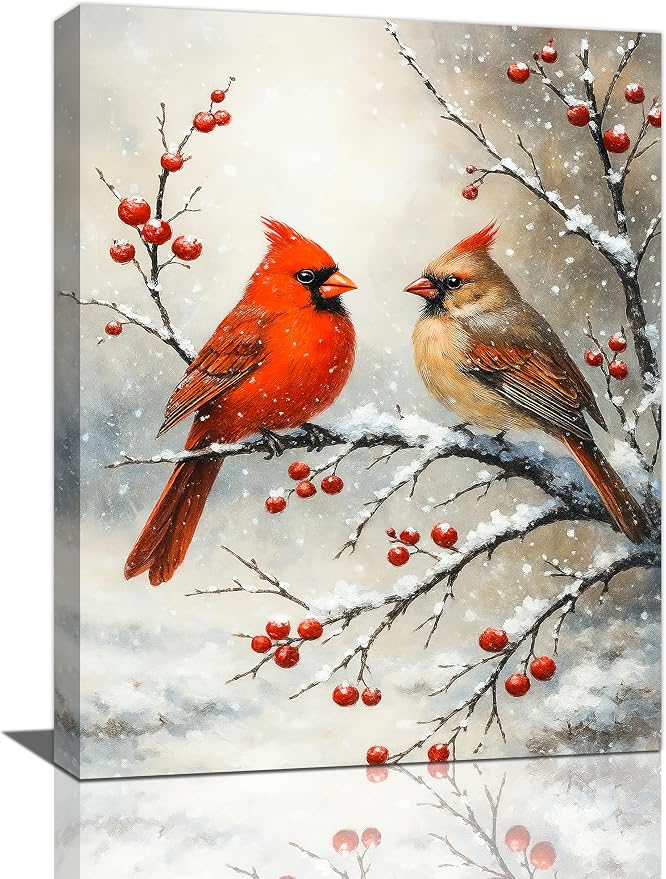Cardinal Wall Art Red Bird Winter Canvas Wall Decor Cardinal Picture Painting Winter Christmas Artwork Decoration Framed Gifts for Women Girl Bedroom Living Room Dining Office 12"x16" - skull wall art
