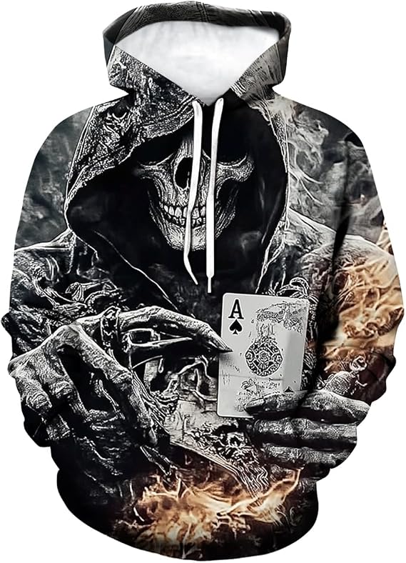 Mens Casual Skull Hoodies Sweatshirt Vintage Graphic Pullover Long Sleeve with Pocket - skull sweatshirts