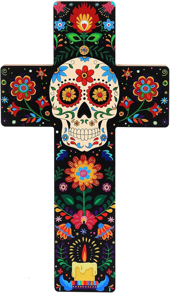 Jetec Day of The Dead Cross Wall Decor, Mexican Floral Sugar Skull Print