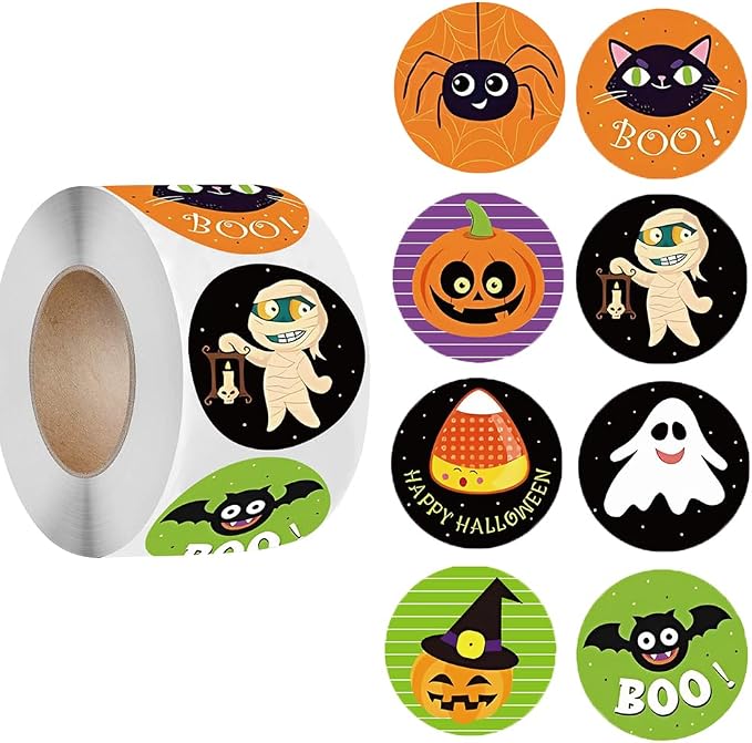 Halloween Stickers Roll 1in Pumpkin Bat Spider Stickers 8 Vibrant Colors and Designs, Round Seal Label Stickers Envelope Seals Paster for Journal Goodie Bags Decorations Supplies-500 PCS - skull sticker