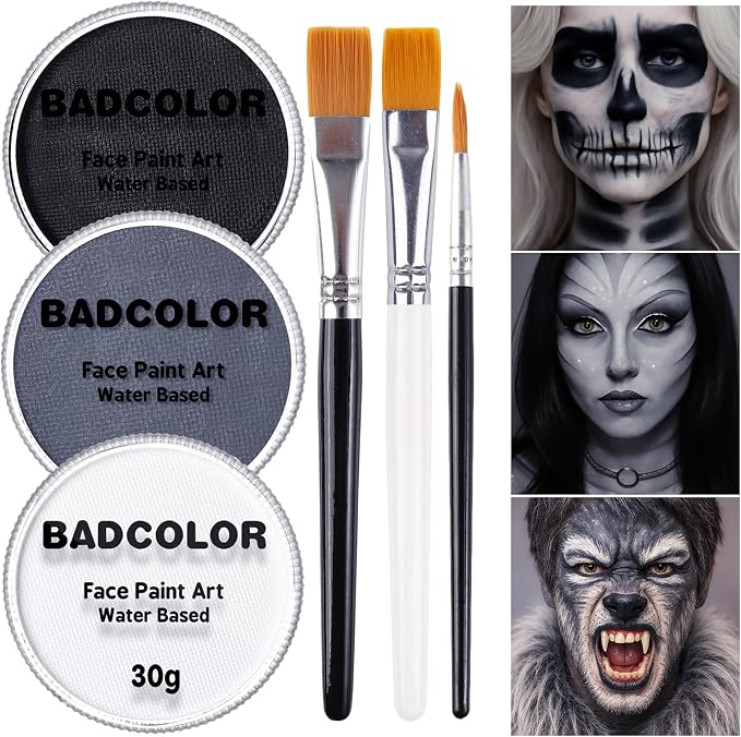 White Black Grey Skeleton Makeup Face Body Paint, Skull Face Painting Kit with Painting Brushes for Halloween, Water Based Face Paints for Goth Ghoul Clown Wolf & Statue SFX Cosplay Stage Make-Up - skull figurine