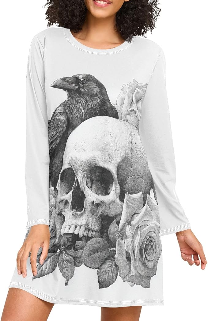 Nightgowns for Women Long Sleeve Sleep Dress Women’s Nightgown House Dresses Soft Pajama Sleepshirt for Ladies S-XXXL - skull pajamas