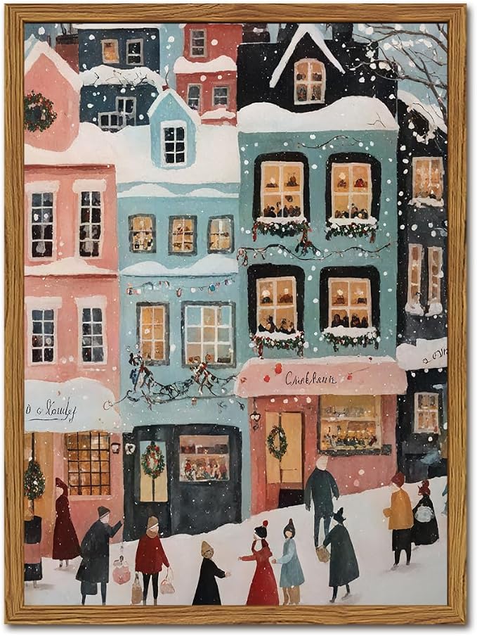 Christmas Wall Art Snowy Winter Wall Decor Pictures, Christmas Town Canvas Prints Painting Vintage Winter Lane Artwork for Living Room Bedroom Dining Room 12x16 inch Wood Framed - skull painting