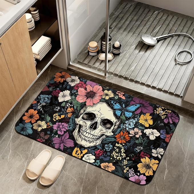 Abstract Skull Bathroom Rugs,Bath Mats for Bathroom,Mexican Skeleton Butterfly Low Pile Absorbent Bath Mat,Rubber Backing Non Slip Washable Thin Quick Dry Door Mat 17x29.5 Inch - skull door mat