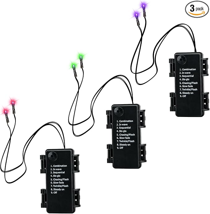Halloween Glowing Eyes Lights, 3 Pack LED Eye Lights with 3 Battery Boxes, 8 Modes & 6H Timer, 17.7in Wires, Battery Operated Red Green Purple Eyes for Skulls, Masks, Pumpkins & Haunted House Decor