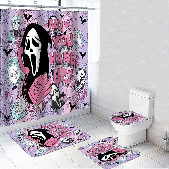 Halloween Shower Curtain Set Pink Spooky Ghost 72x72 Inch 4Pcs Bathroom Accessory Sets with Anti-Slip Rugs Toilet Lid Cover Bath Mat for Halloween Bathroom Decor (A) - skull toilet mat