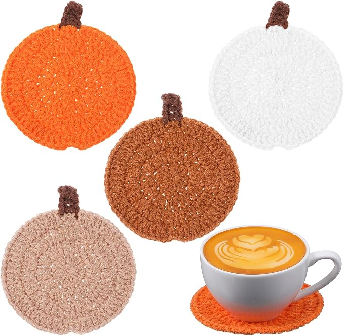 Fall Pumpkin Coasters Crochet Set of 4, Fall Pumpkin Decor Handmade Woven Orange Coaster Mats for Halloween Thanksgiving Themed Party Decoration Autumn Harvest Home Kitchen Table Decor Party Gi - skull coaster