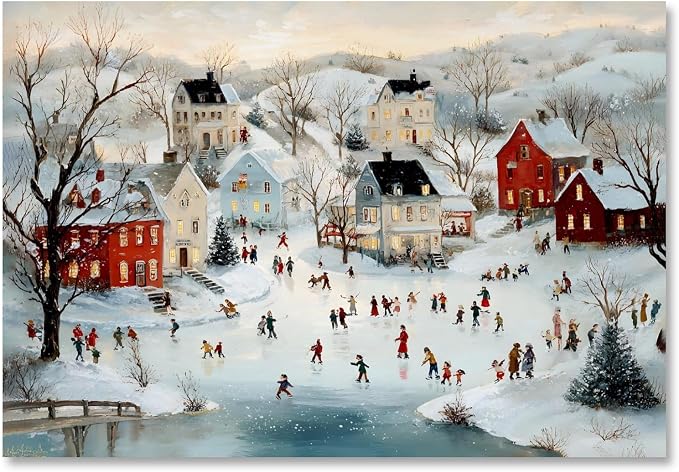 Yermidi Christmas Village Wall Art Snowy Winter Town Poster Abstract Holiday Snow Landscape Canvas Painting Vintage Christmas Ice Skating Print Festive Decor for Home Living Room 12x16inch Unframed - skull painting