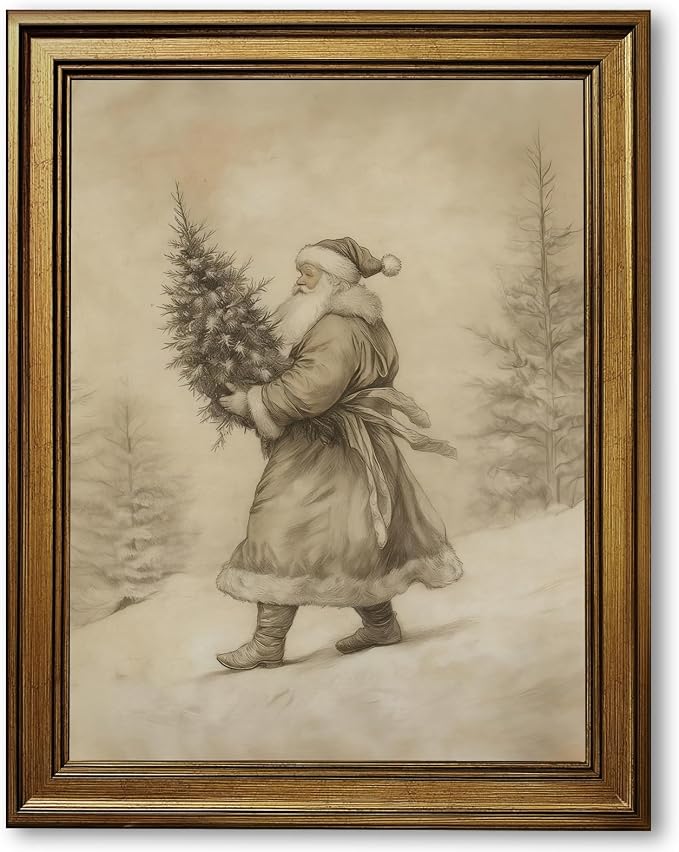 Yermidi Vintage Christmas Wall Art Neutral Sketch Santa Claus Holding Tree Poster Farmhouse Christmas Picture Wall Decor Winter Forest Holiday Canvas Print for Living Room 12x16inch Vintage Framed - skull wall art