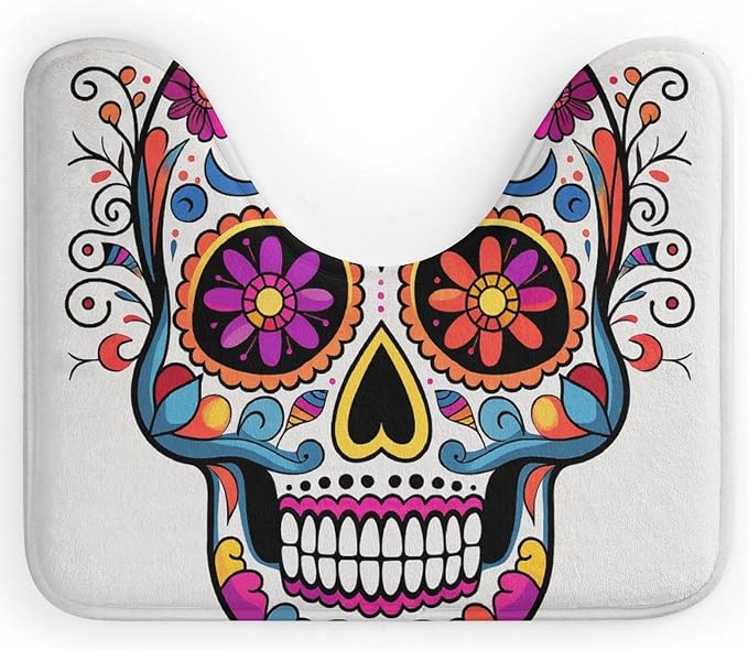 U-Shaped Toilet Bath Mat - Sugar Skull Toilet Rugs Contour Bath Rug Super Absorbent Washable, Non-Slip Quick Dry Bathroom Floor Mat for Most Toilets 16x20 Inch - skull toilet mat