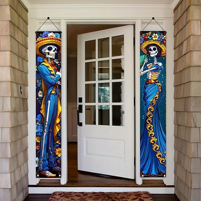 2PCS Day of The Dead Porch Sign Door Banner Skeleton Couple Front Door Cover Hanging Decorations for Indoor Outdoor Halloween Dia de los Muertos Party Supplies 71 x 12 Inch
