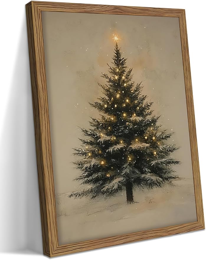 Vintage Christmas Tree Wall Art, Rustic Pine Tree Canvas Wall Decor Painting, Winter Farmhouse Christmas Botanical Prints Pictures for Living Room Bedroom Holiday Decorations 8x10 Inch Wood Framed - skull painting