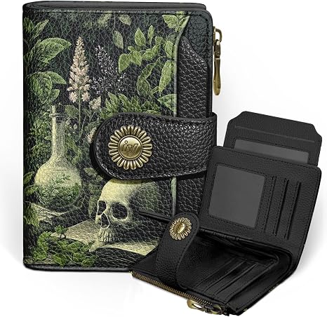 Icycay Goth Small Wallet Women RFID Blocking Bifold Credit Card Holder - skull wallet
