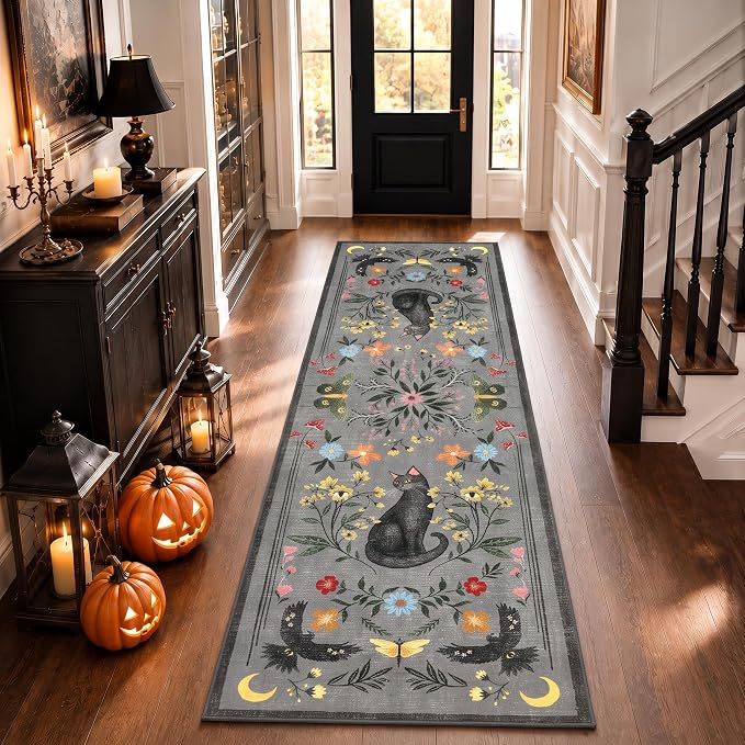 GarveeHome 2.5x8 Cat Washable Runner Rug for Hallway, Soft Grey Long Kitchen Runner Non Slip Mushroom Insect Entryway Rug Floral Laundry Mat Stain Resistant Carpet for Bathroom Beside Rug - skull carpet