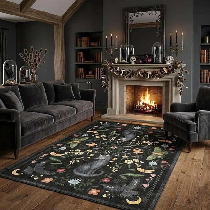 GarveeHome 5x7 Cat Area Rug Black Washable Rugs for Living Room Bedroom, Soft Mushroom Floral Low Pile Non Slip Floor Mat Animal Print Throw Rug Indoor Carpet for Dorm Playroom Gothic Decor - skull carpet