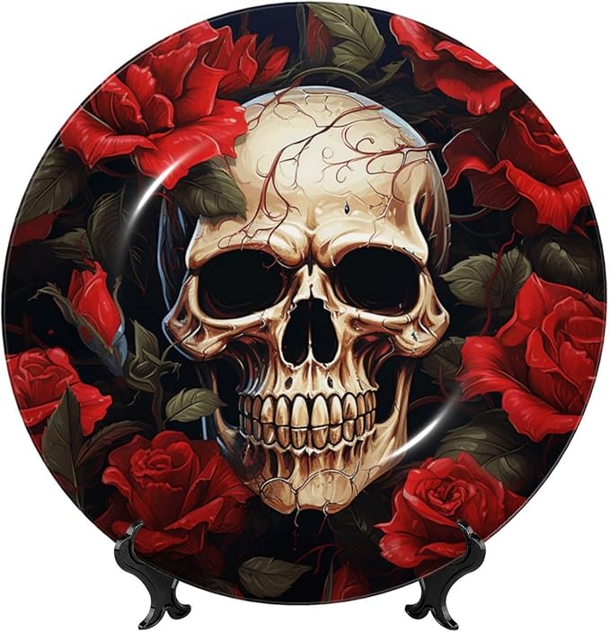 Bone China Decorative Plate 6in Ceramic Dinner Plates with Display Stand Skull Rose-Red Decorative Plates Ceramic Ornaments Wall Art Crafts Hanging Porcelain Plate for Home Office Wall Decor - skull plate