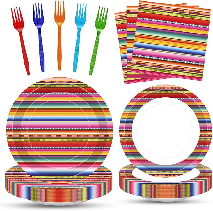 100 Pcs Mexican Fiesta Tableware Party Supplies Set, Serves 25 – Disposable Colorful Serape Striped Paper Plates, Napkins, and Forks, Cinco de Mayo, Taco Tuesday, Fiesta and Day of the Dead Decoration - skull plate