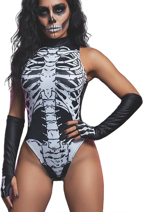 Women High Neck Sleeveless Skeleton Bodysuit Cosplay Tops Scary Skull Halloween Costume Lingerie One Piece Swimsuit - skull hoodie