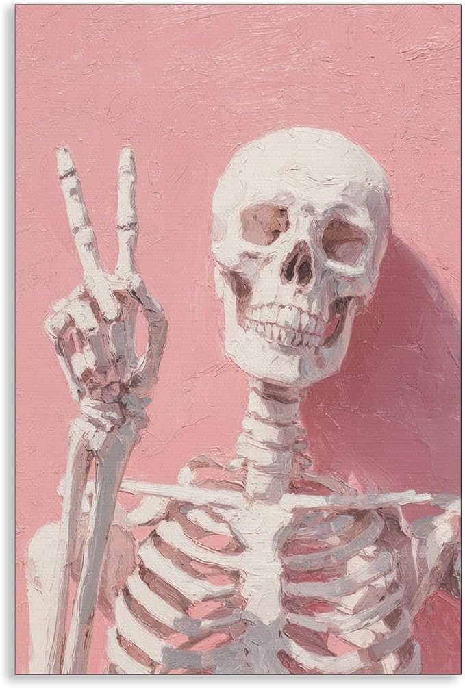 OAOPIC Laughing Skeleton Pink Canvas Wall Art, Whimsical Pastel Gothic Halloween Poster, Girly Autumn Spooky Holiday Wall Decor, Preppy Cute Ghost Picture for Girls Bedroom 12x16in Unframed - skull wall art